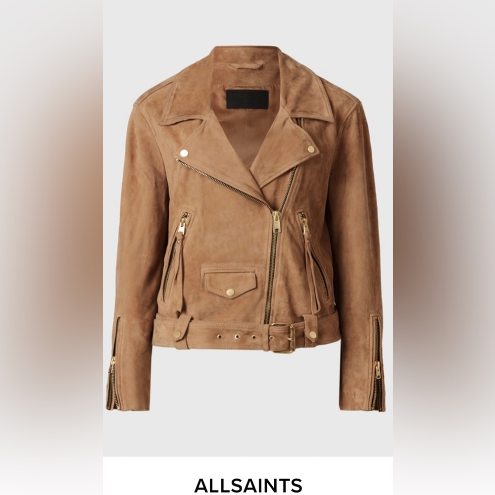 All Saints Luna Suede Biker Jacket XS Tan Brown - Picture 3 of 16